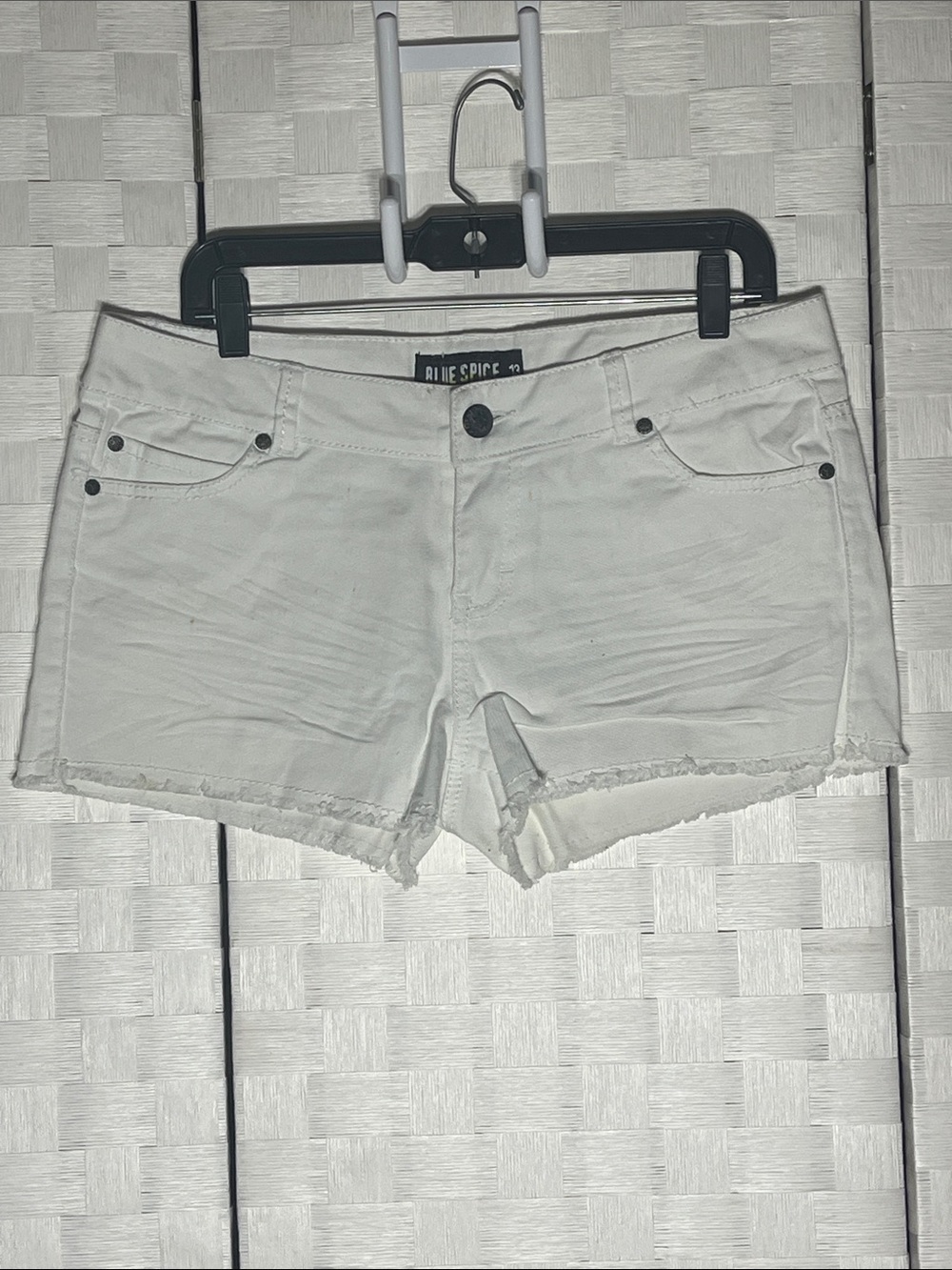 Blue Spice White Denim Frayed Hem Shorts